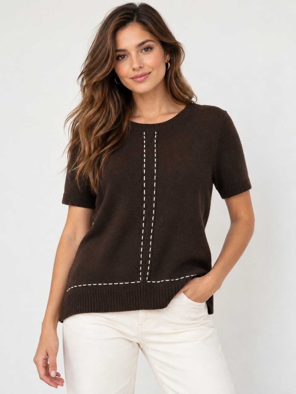Women's Short Sleeve Brown Knit Tee with Contrast Stitching